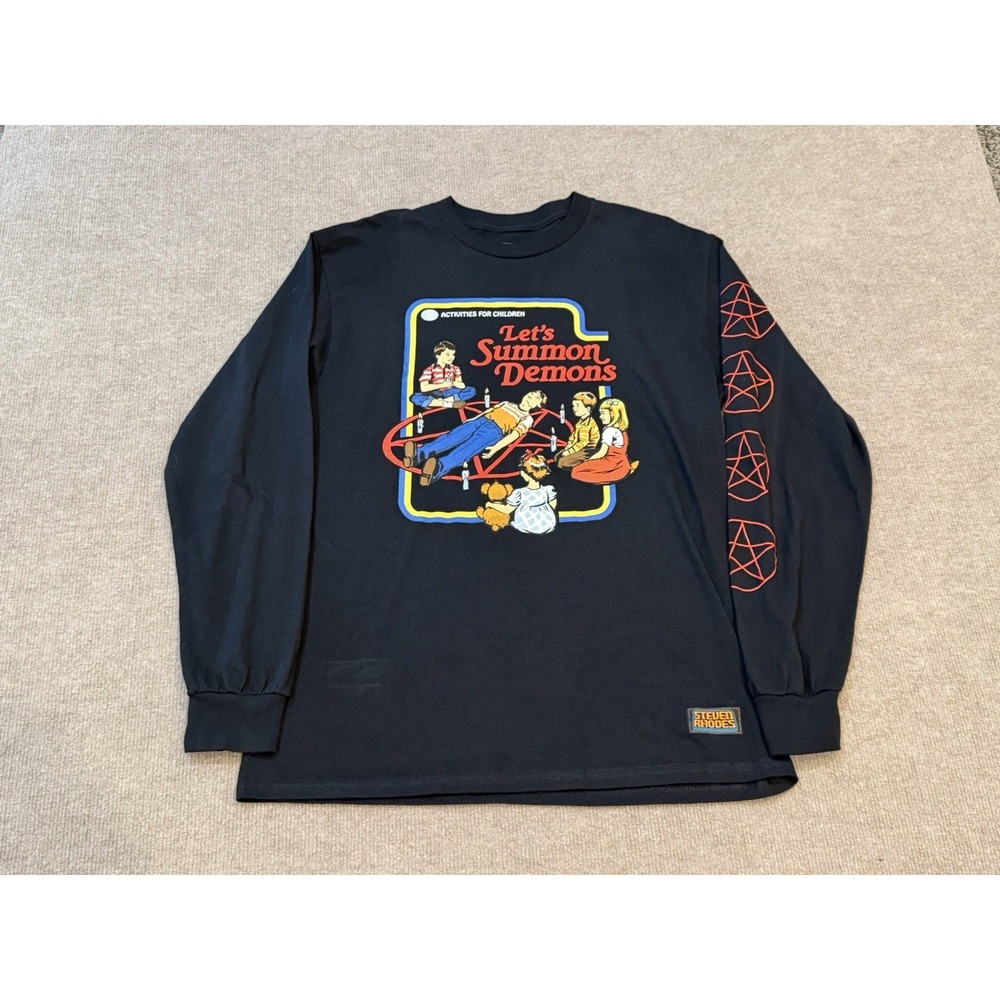 Steven Rhodes Mens Black Circle "Lets Summon Demons" Pentagrams Long Sleeve Med